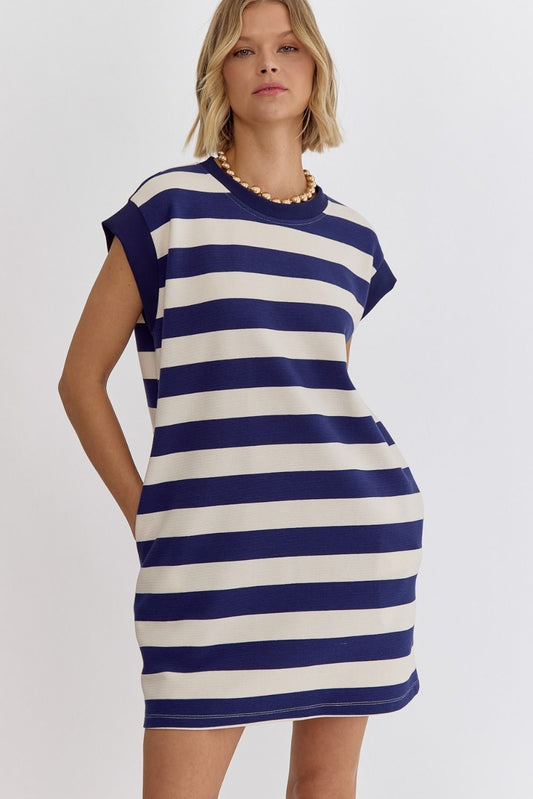 Navy Striped Sleeveless Dress