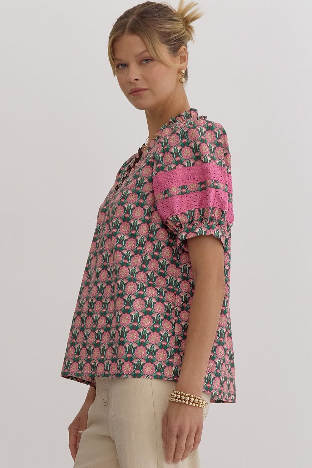 Printed V-Neck Short Sleeve Top