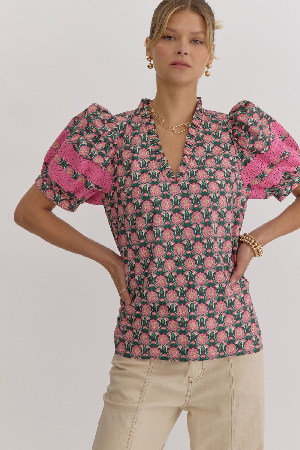 Printed V-Neck Short Sleeve Top