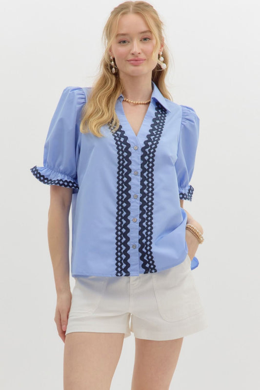 Blue RicRac Puff Sleeve Top