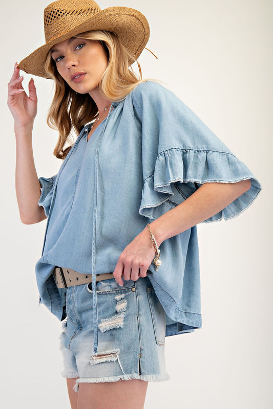 Washed Chambray Woven Top